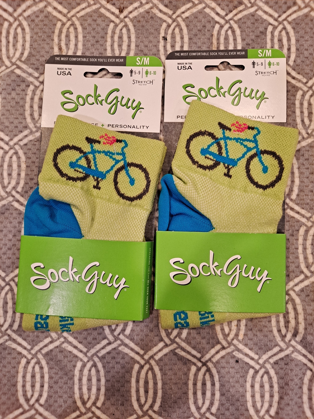 Sock Guy Unisex Light Green Crew 2 Pair Socks with Blue Bike Accent - S/M